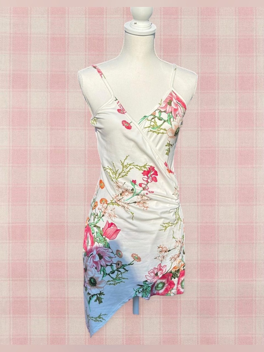 Floral Wrap Asymmetrical Mini Dress - White/Pink